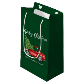 Brush Script Vintage Truck Christmas Tree Green Small Gift Bag