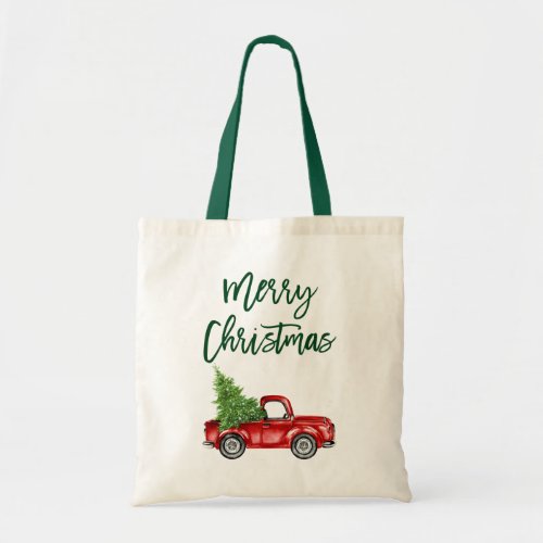 Brush Script Vintage Truck Christmas Tree Green Tote Bag