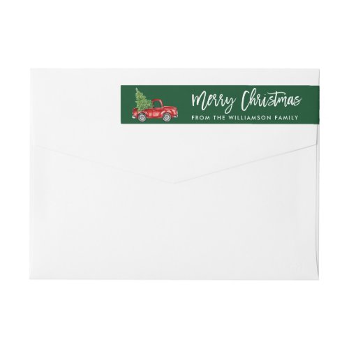 Brush Script Vintage Truck Christmas Tree Green Wrap Around Label