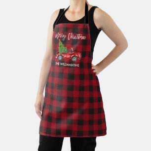 Brush Script Vintage Truck Christmas Tree Plaid Apron