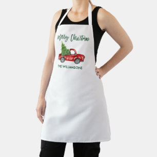 Brush Script Vintage Truck Christmas Tree White Apron
