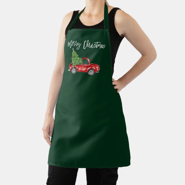 Brush Script Vintage Truck Green Christmas Tree Apron (Insitu)