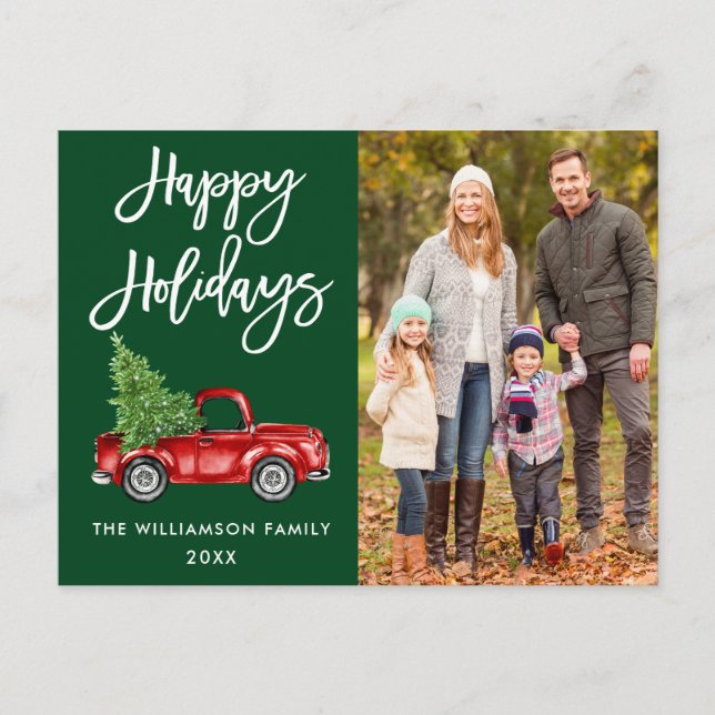 Brush Script Vintage Truck Photo Holidays Green Postcard (Front)