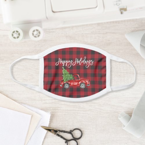 Brush Script Vintage Truck Tree Holiday Plaid Face Mask