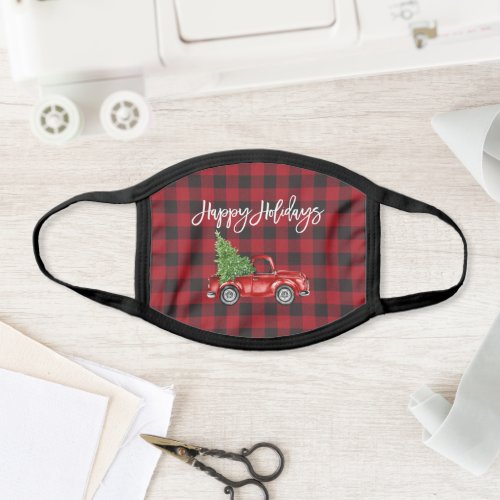 Brush Script Vintage Truck Tree Plaid Holiday Face Mask