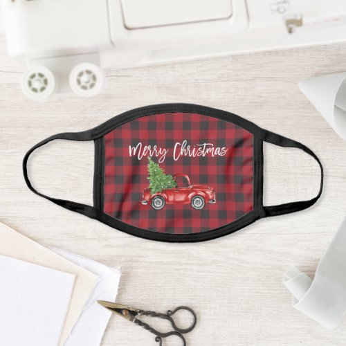 Brush Script Vintage Truck Tree Red Buffalo Plaid Face Mask