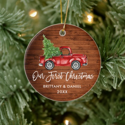 Brush Script Vintage Truck Wood First Christmas Ceramic Ornament