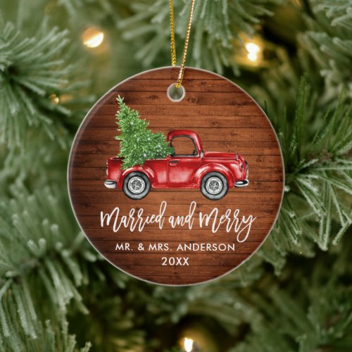 Brush Script Vintage Truck Wood Married Merry Ceramic Ornament