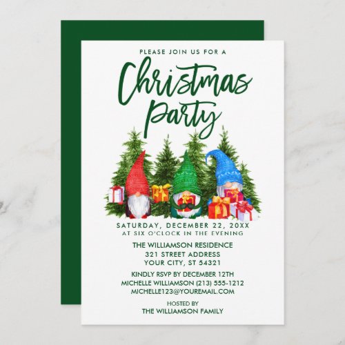 Brush Script Watercolor Gnomes Christmas Party Invitation