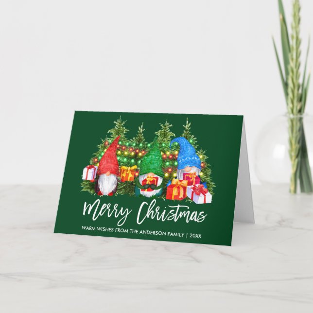 Brush Script Watercolor Gnomes Lights Christmas Holiday Card (Front)