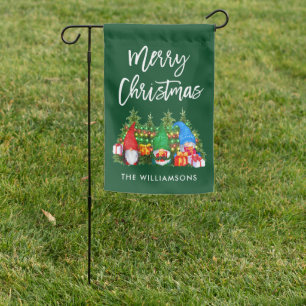 Brush Script Watercolor Gnomes Lights Green Garden Flag