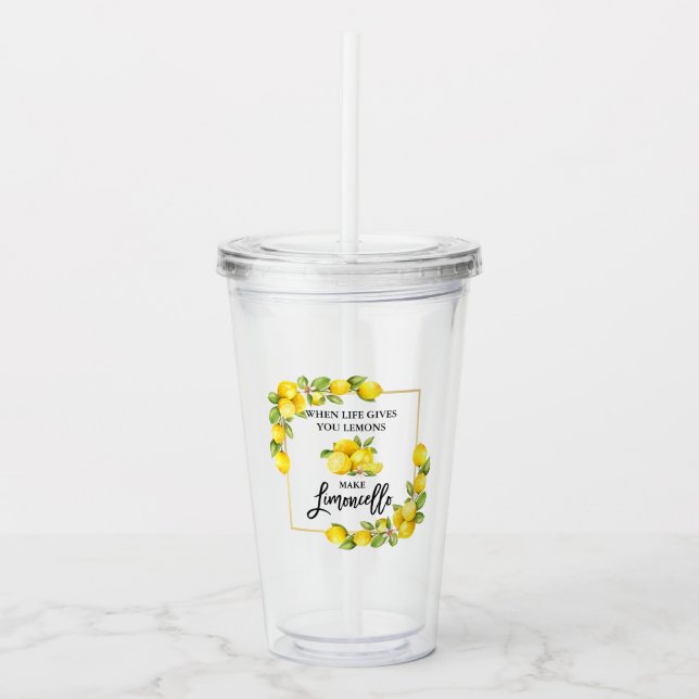 Brush Script Watercolor Lemons Limoncello Acrylic Tumbler (Front)