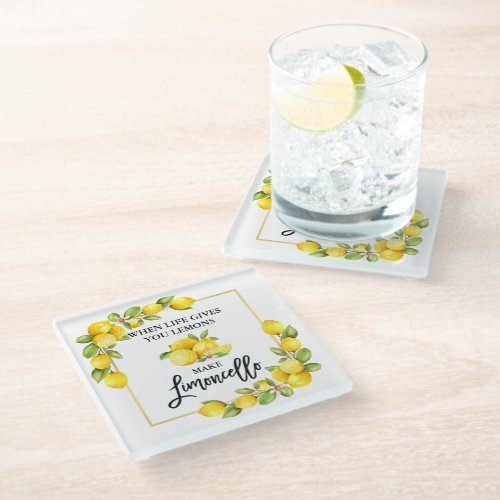 Brush Script Watercolor Lemons Limoncello Glass Coaster