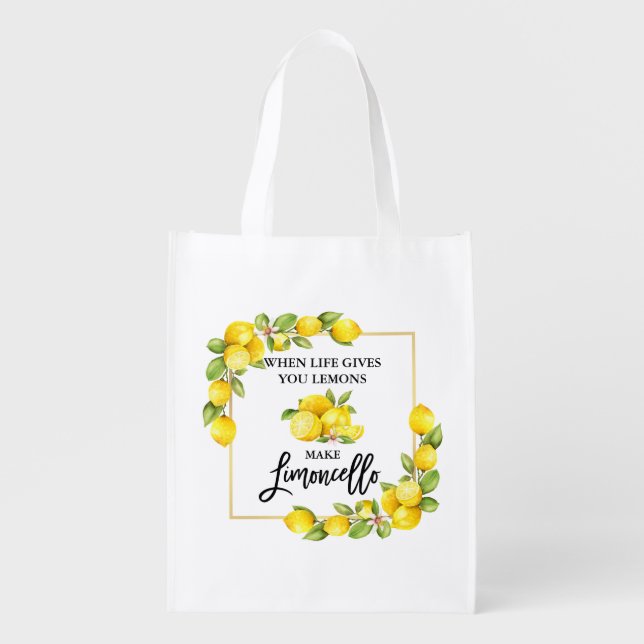 Brush Script Watercolor Lemons Limoncello Grocery Bag (Front)