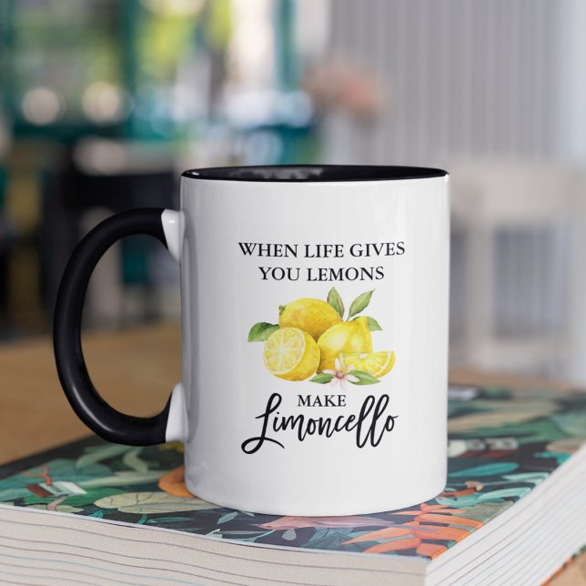 Brush Script Watercolor Lemons Limoncello Mug (Black & White or choose your handle color.)