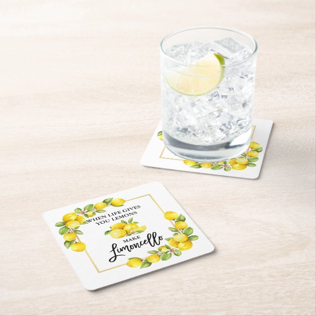 Brush Script Watercolor Lemons Limoncello Square Paper Coaster (Insitu)
