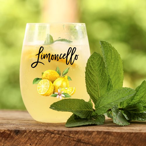 Brush Script Watercolor Lemons Limoncello Stemless Wine Glass