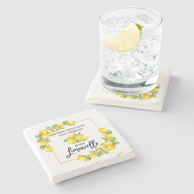Brush Script Watercolor Lemons Limoncello Stone Coaster (Side)