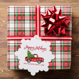 Brush Script Watercolor Red Truck Holiday Ornament Card