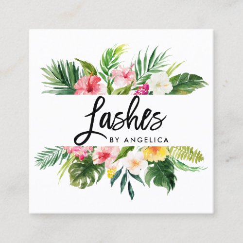 Brush Script Watercolor Tropical Floral Lashes Square Business Card