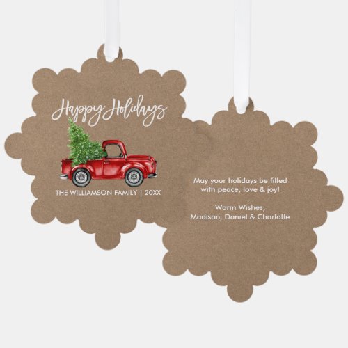 Brush Script Watercolor Truck Kraft Style Holiday Ornament Card