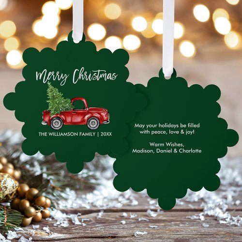 Brush Script Watercolor Vintage Red Truck Green Ornament Card