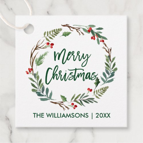 Brush Script Watercolor Wreath Merry Christmas Favor Tags