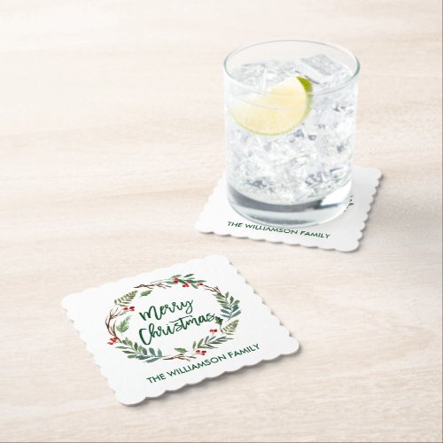 Brush Script Watercolor Wreath Merry Christmas Paper Coaster