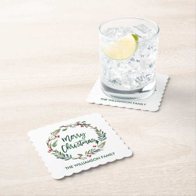 Brush Script Watercolor Wreath Merry Christmas Paper Coaster (Insitu)