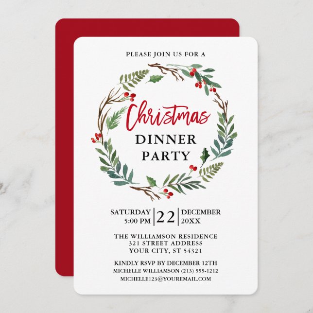 Brush Script Watercolor Wreath Red Christmas Party Invitation (Front/Back)