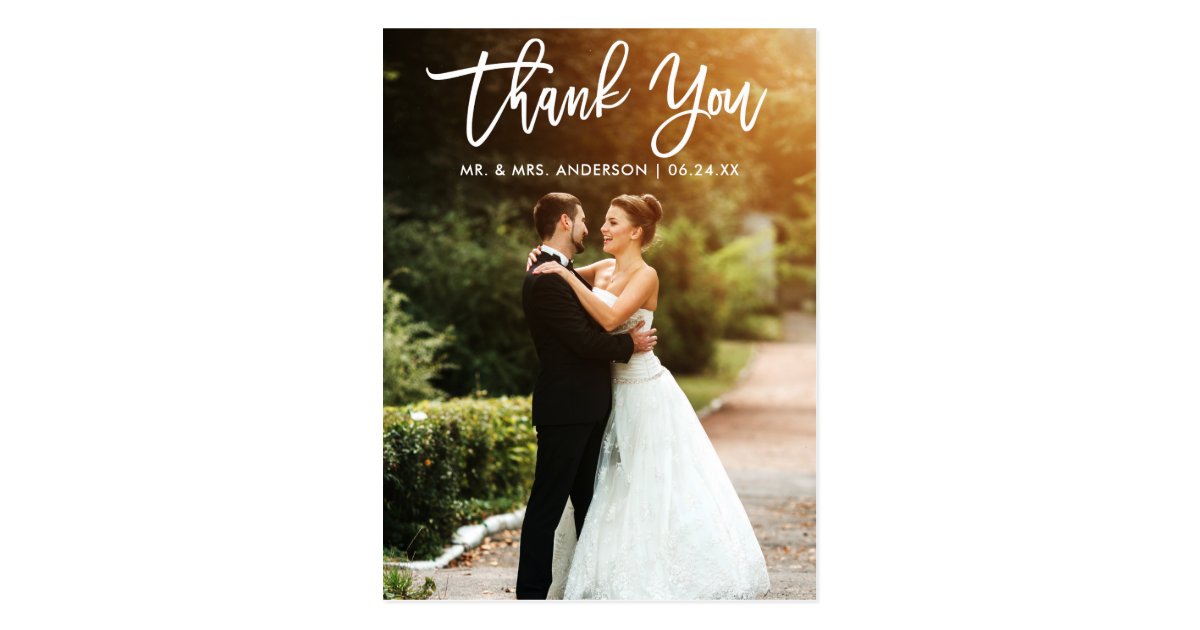 Brush Script Wedding Bride Groom Photo Postcard | Zazzle.com