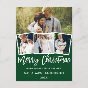 Brush Script Wedding Christmas 4 Photo Green Postcard