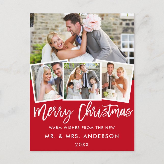 Brush Script Wedding Christmas 4 Red Postcard (Front)
