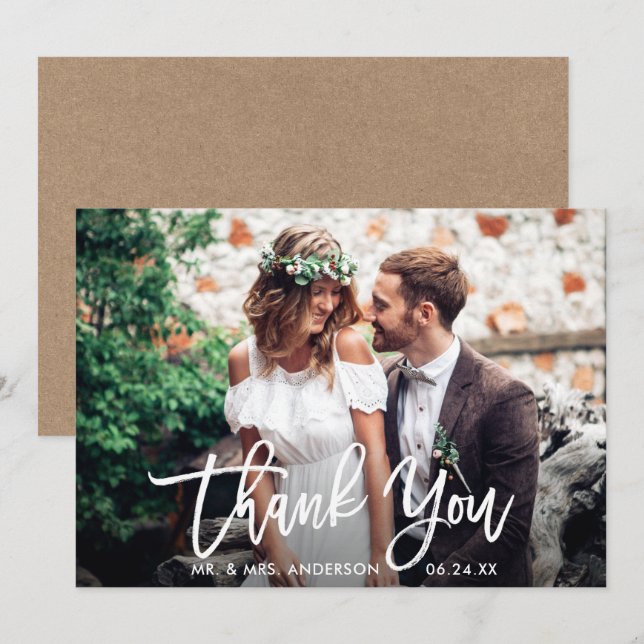 Brush Script Wedding Photo Kraft Thank You Card (Front/Back)