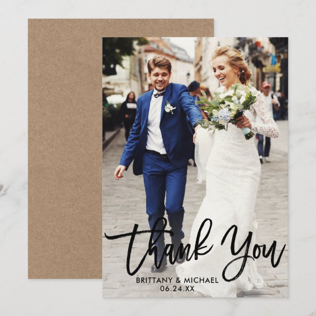 Brush Script Wedding Photo Kraft Thank You Card B (Front/Back)