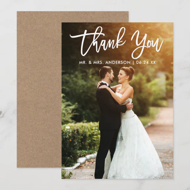 Brush Script Wedding Photo Kraft Thank You Card W | Zazzle