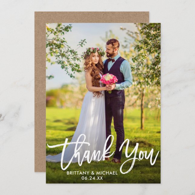 Brush Script Wedding Photo Kraft Thank You Card W (Front/Back)
