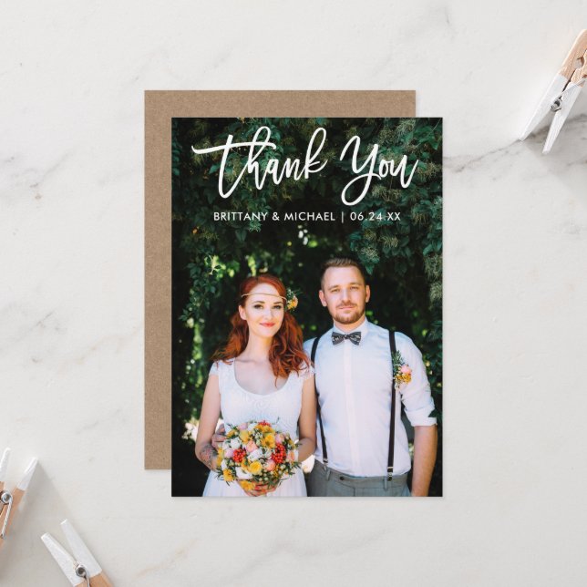 Brush Script Wedding Photo Kraft Thank You Card Wt (Front/Back In Situ)