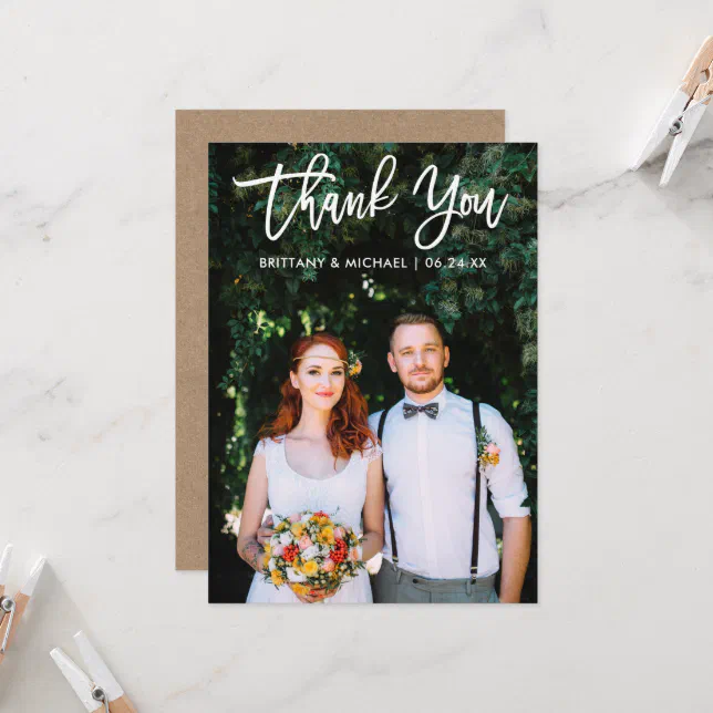 Brush Script Wedding Photo Kraft Thank You Card Wt | Zazzle