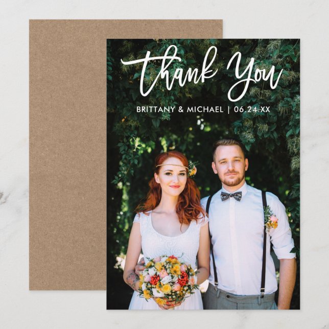 Brush Script Wedding Photo Kraft Thank You Card Wt (Front/Back)