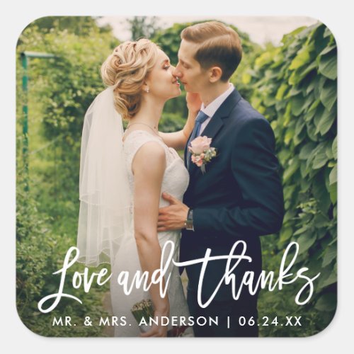 Brush Script Wedding Photo Love and Thanks Modern Square Sticker