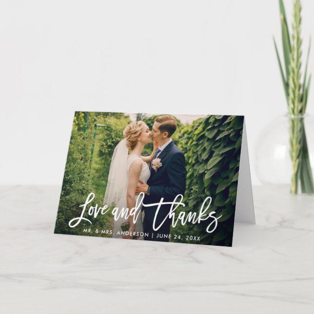 Brush Script Wedding Photo Love Thanks Modern Fold Card (Front)