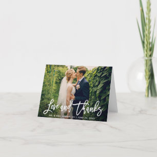 Brush Script Wedding Photo Love Thanks Modern Note Card
