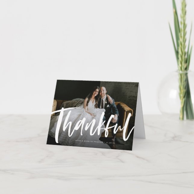 Brush script wedding photo thank you card (Front)