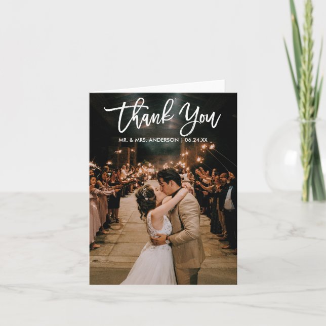 Brush Script Wedding Photo Thank You Modern Note Card (Front)