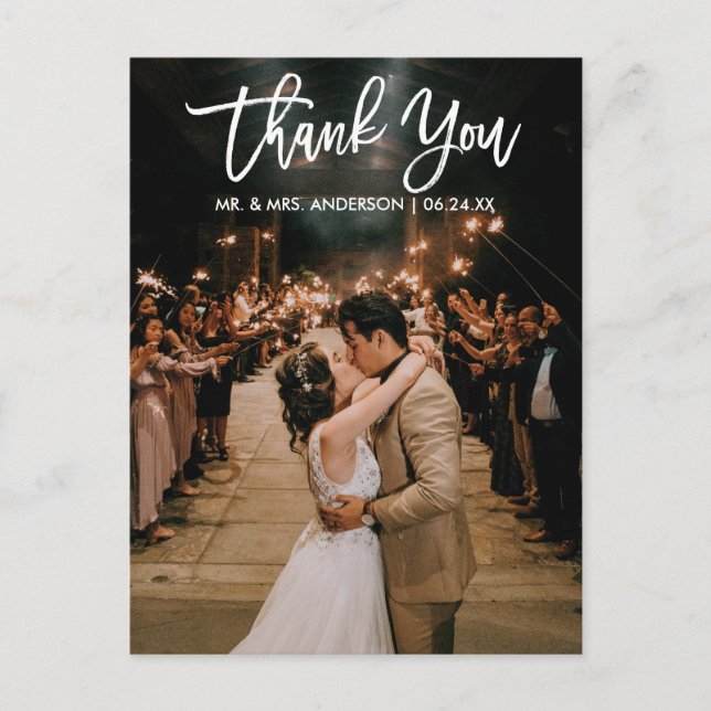Brush Script Wedding Photo Thank You Modern Postcard (Front)