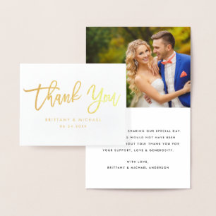 Brush Script Wedding Photo Thank You Note Gold Foil Card