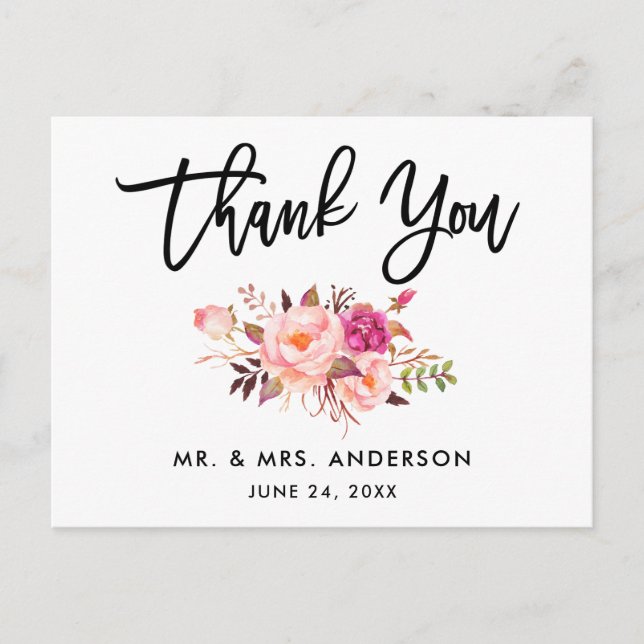 Brush Script Wedding Pink Floral Thank You Postcard (Front)