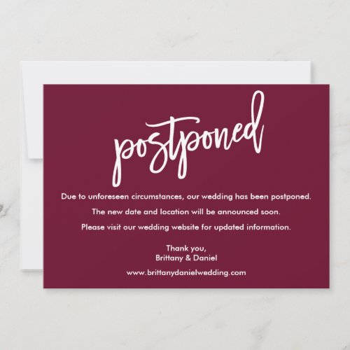 Brush Script Wedding Postponed Burgundy Card