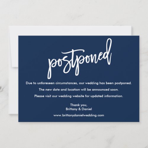 Brush Script Wedding Postponed Navy Blue Card